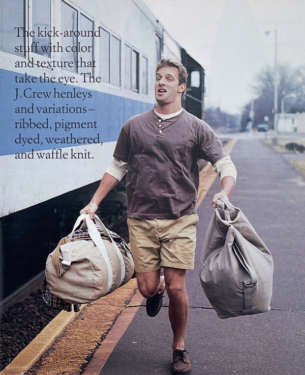 man running to catch a train, duffle bags, button up t-shirt, chino shorts